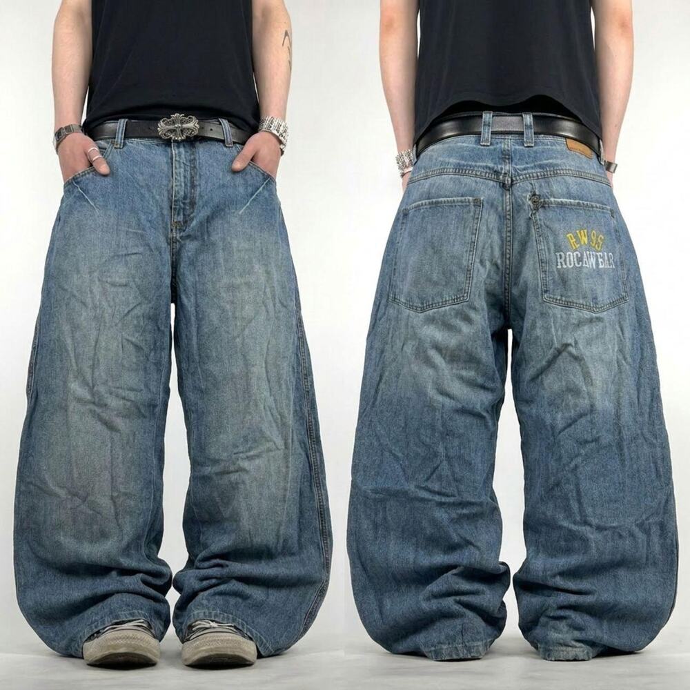 Vintage y2k faded stonewash embroidered rocawear baggy wide leg jeans